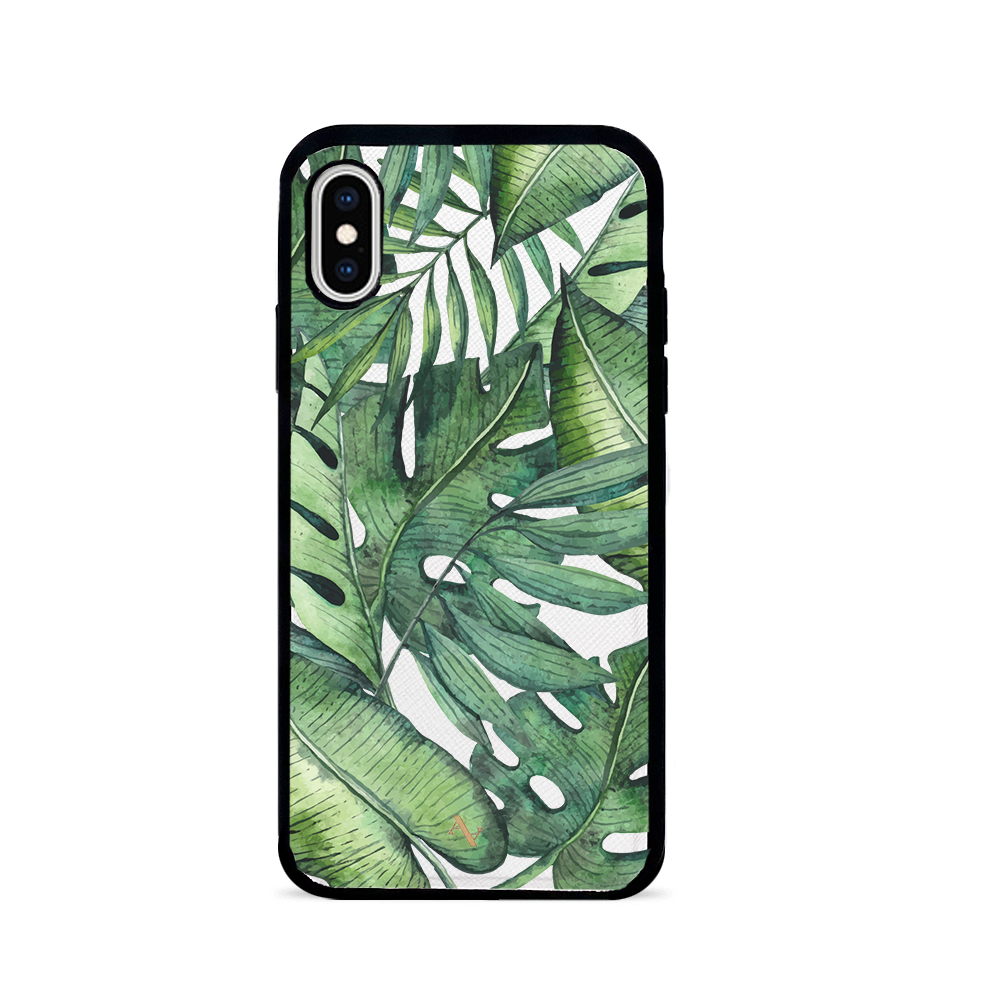 MAAD Tropical Plants Creta iPhone X/XS Leather Case in genuine saffiano leather with a soft rubber rim, showcasing personalization options.